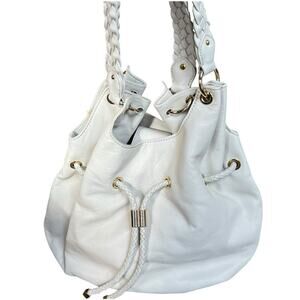 Michael Kors Ivory White Leather Drawstring Tassel Bucket Shoulder Bag Braided